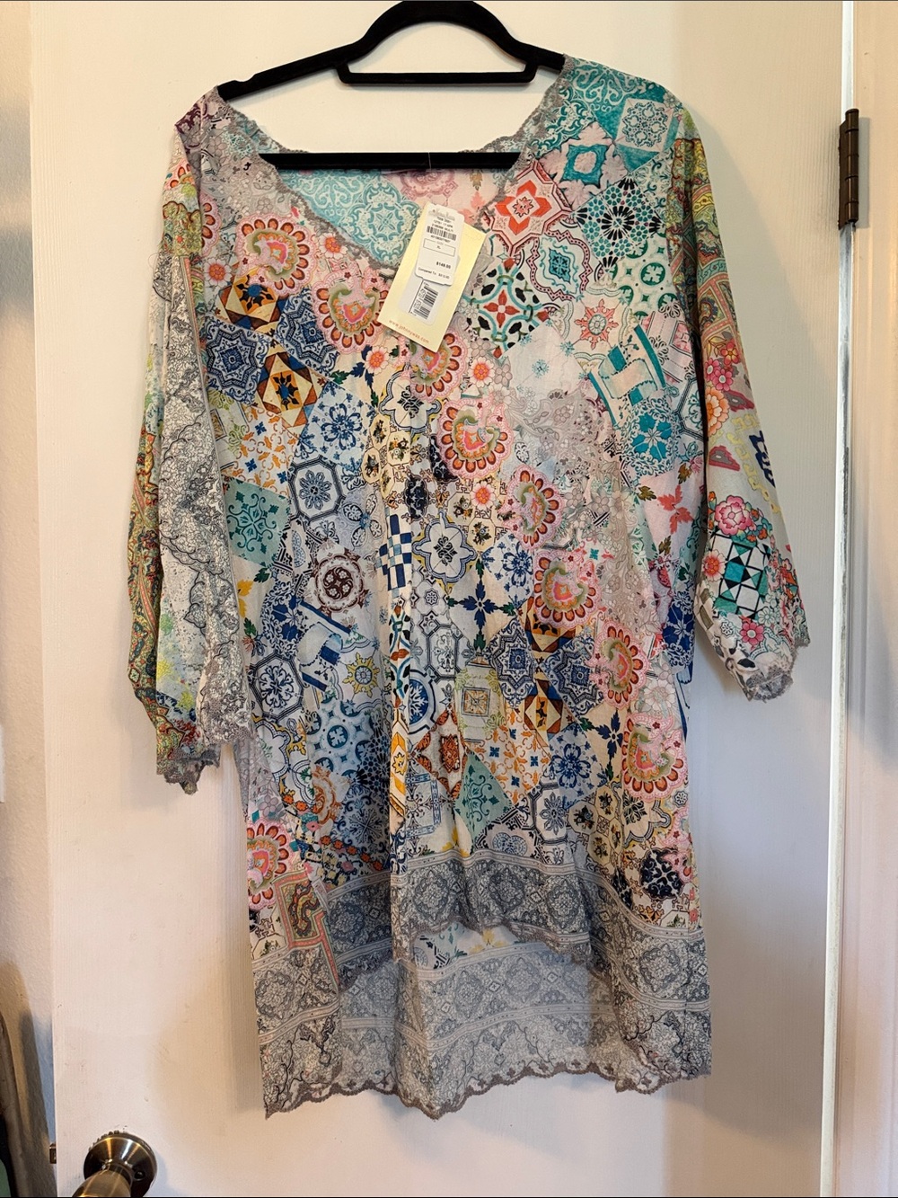 Johnny Was Multicolor Patchwork Tile Print Tunic - Blue, Pink, Yellow, Green
